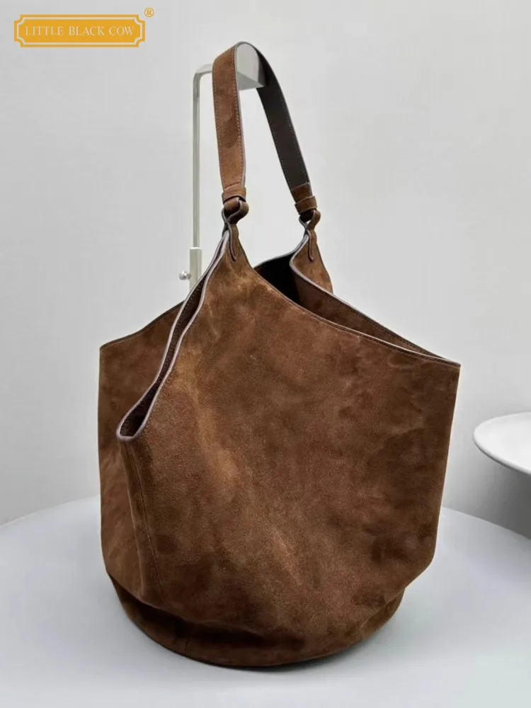 Women Casual Small Totes Handbag Vintage Solid Color Autumn Winter Cowhide Suede Leather Bucket Bag Ladies Single Shoulder Bags