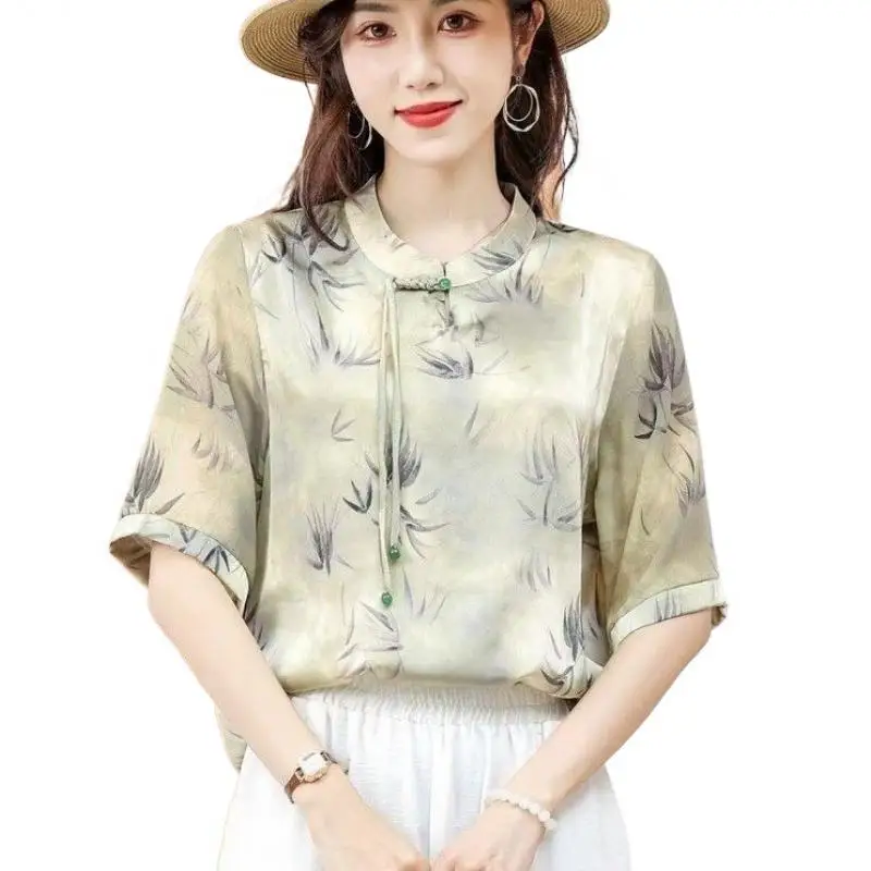 New Arrival Middle Aged Mother Silk Summer Retro Floral Printing Soft Blouse Elegan Women Chiffon Silk Clothes Shirt