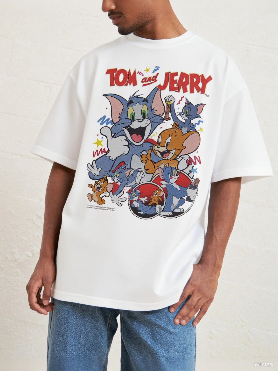 

Повседневная хлопковая футболка с коллажем культовых персонажей Том и Джерри со звездами и завитками, удобная футболка из чистого хлопка с принтом S-4XL