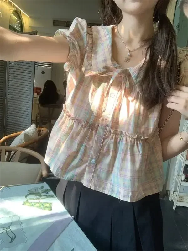 

Sweet Plaid Peter Pan Collar Women Shirt 2025 Early Spring Retro Slimming Short Sleeved Top Korean Fashion Tops Mujer