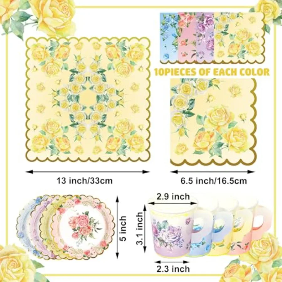 40セットの花柄ティーカップとソーサー、使い捨てティーパーティー用品、カラフルな花柄ティーカップ（ハンドル付き）、ペーパーナプキン、食器