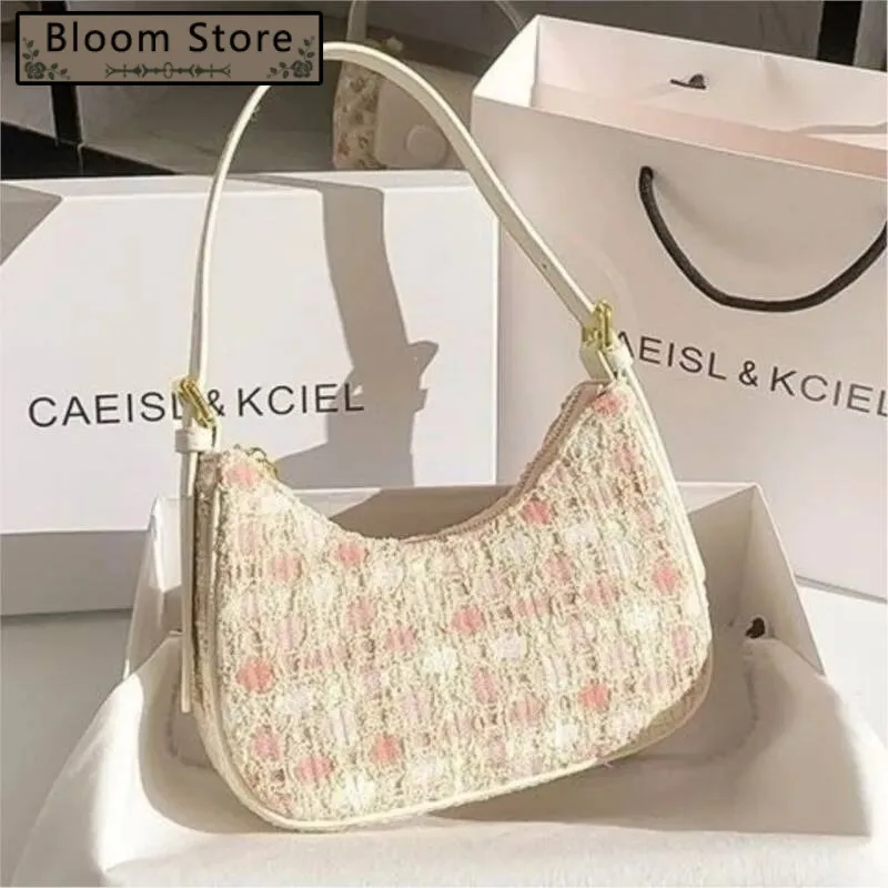 Sweet Pink Woven Crescent Underarm Bag Women Retro Color Block Shoulder Bags Ladies Elegant Fashion Casual Commute Handbag 2025