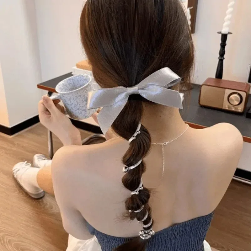 Girl's Silver Bow Hair Band Beads Phone Line Headband Ponytail Hair Rope Sweet Bubble Braid Hair Artifact