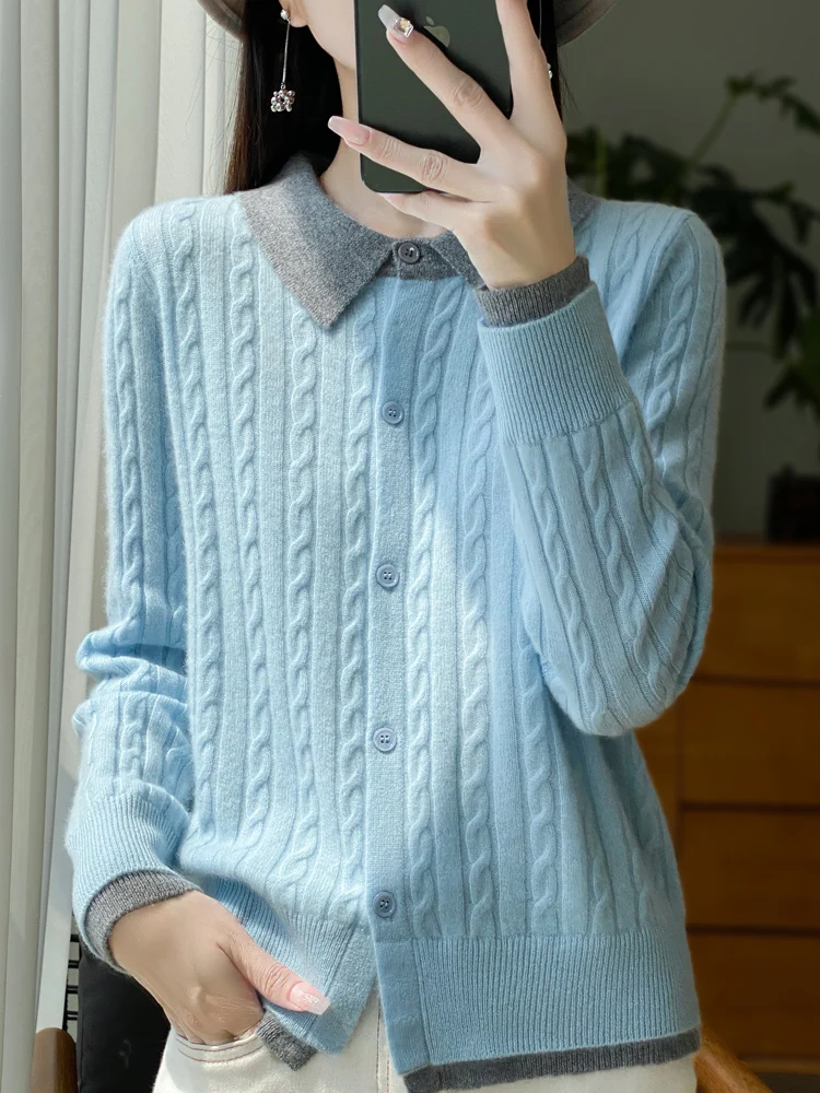 Daily Autumn Winter Sweater Women Cardigan 100% Merino Wool Sweater Cashmere Clothes Twist Flower Lapel Fake Two Pieces Knitwear