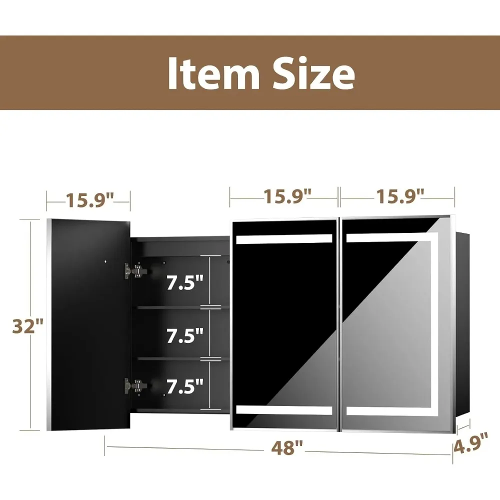Led Medicine Cabinet with Mirror, Bathroom Vanity Mirror Cabinet with Shelves, 3-Color Lights Dimmer (Silver, 32