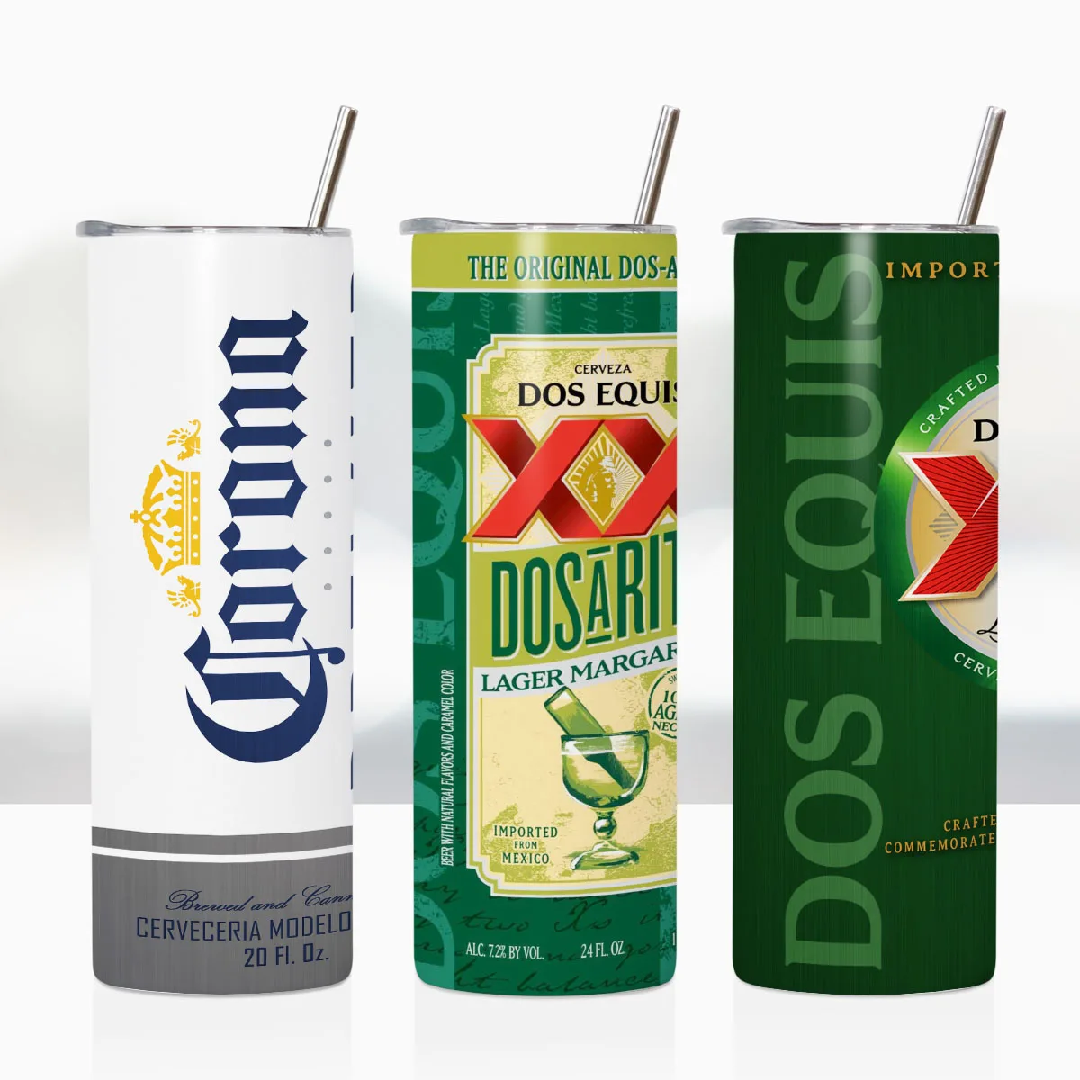 Juego de vasos aislados con temática de cerveza mexicana, 20 oz, acero inoxidable con pajita, diseño Corona y Dos Equis