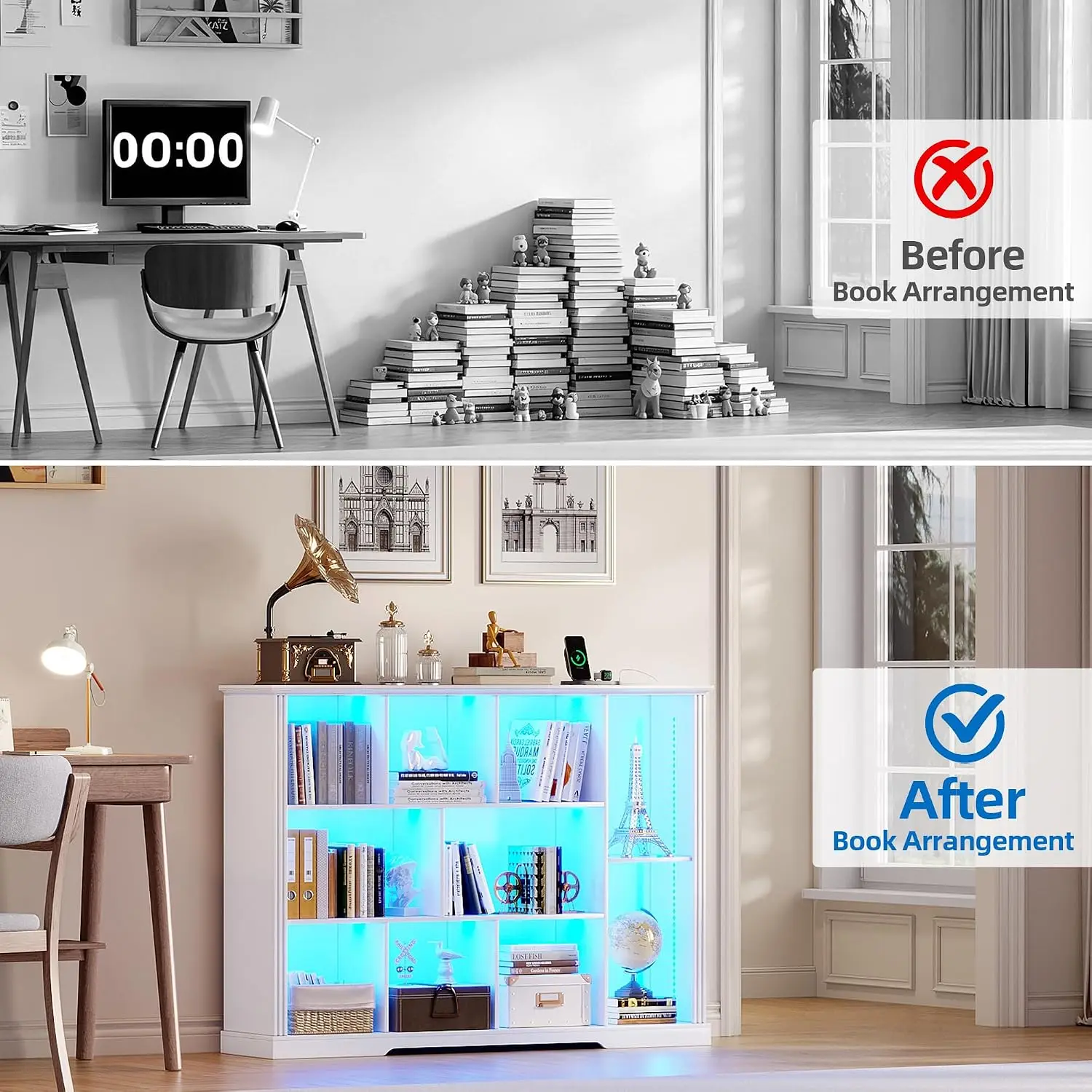 LED Bookcase with Charging Station & Motion Sensor, White, Customized