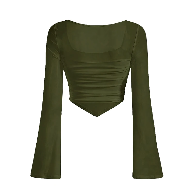 เสื้อผ้าเซ็กซี่สำหรับผู้หญิงไซส์ใหญ่ เสื้อครอปแขนยาวผ้าตาข่ายซีทรู แต่งผ้ารูดแบบไม่สมมาตร เสื้อยืดสไตล์ Y2K ลำลอง สตรีทแวร์