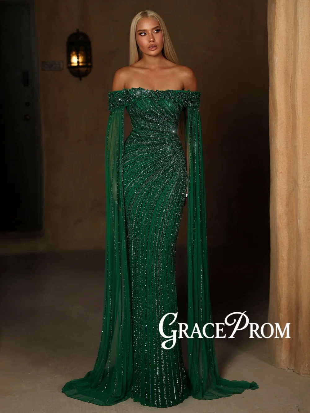 

Зеленое роскошное вечернее платье с бисером, великолепное, с открытыми плечами, длинное, для свадебных торжеств, на заказ, очаровательное, приталенное, для банкетов