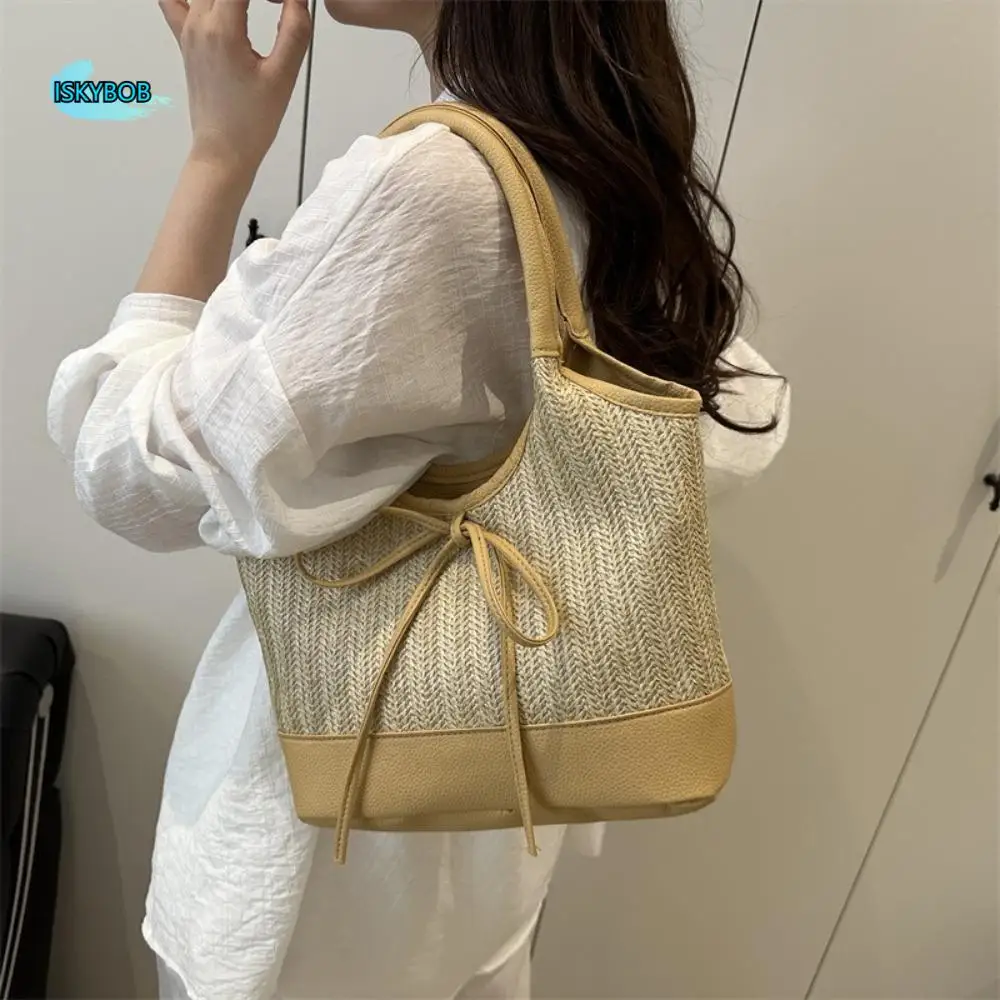 

Fashion Bow Tie Weaving Tote Bag Large Capacity Elegant Straw Shoulder Bag Casual Commuting Women's Handbag Vacation