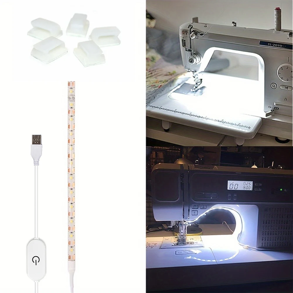 Touch LED light strip with adjustable brightness and five positioning snaps for sewing machines and cabinets.