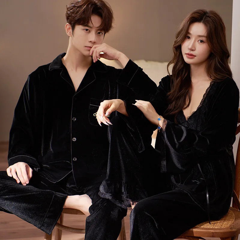 

Сексуальный бархатный пижамный комплект для влюбленных, женский халат, брючный пижамный костюм на бретельках, осенне-зимний велюровый пижамный комплект для пары