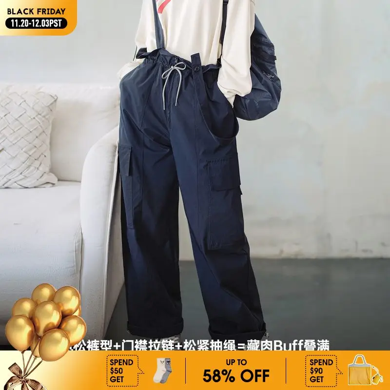 

Maden Retro Detachable Solid Workwear Overalls with Pockets Drawstrings Straight Pants for Women's Autumn Casual Trousers
