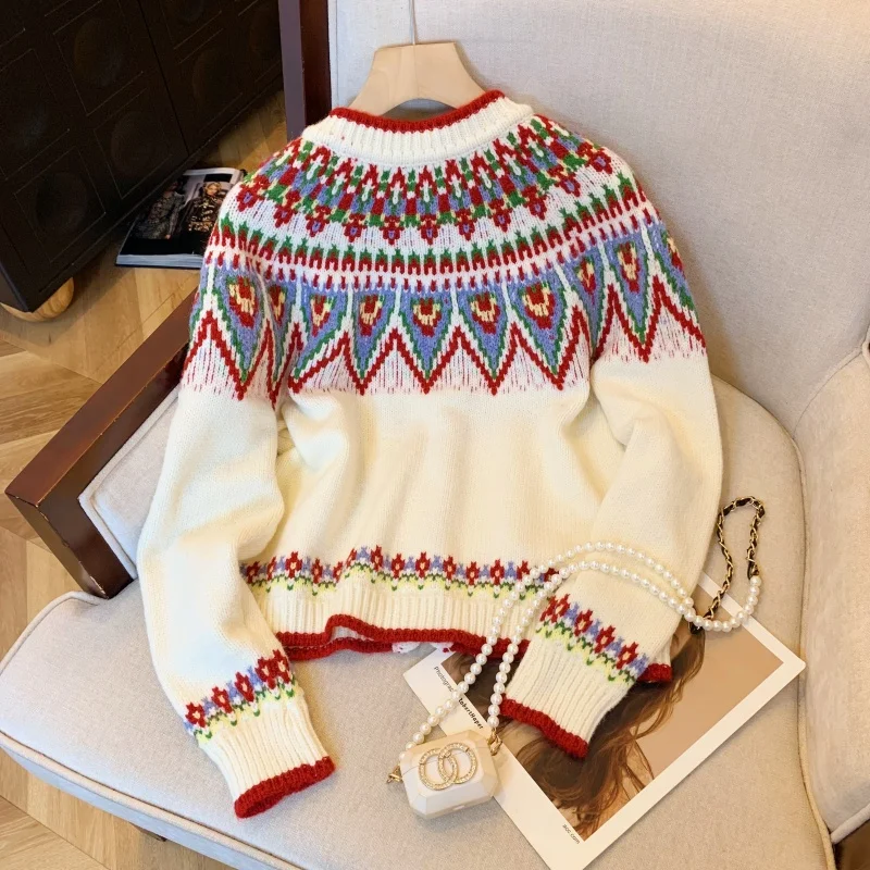 Fair Isle Jacquard Knit Cardigan Sweater Women Loose Stylish Chic Ladies Tops Coats Long Sleeve O-neck Elegant Jumpers 2025