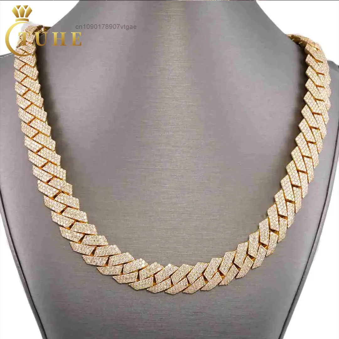 Design Tight Custom Hip Hop Mens 12mm-20mm 925 Sterling Silver VVS Moissanite Diamond Heavy Iced Out Cuban Link Chain Necklace.
