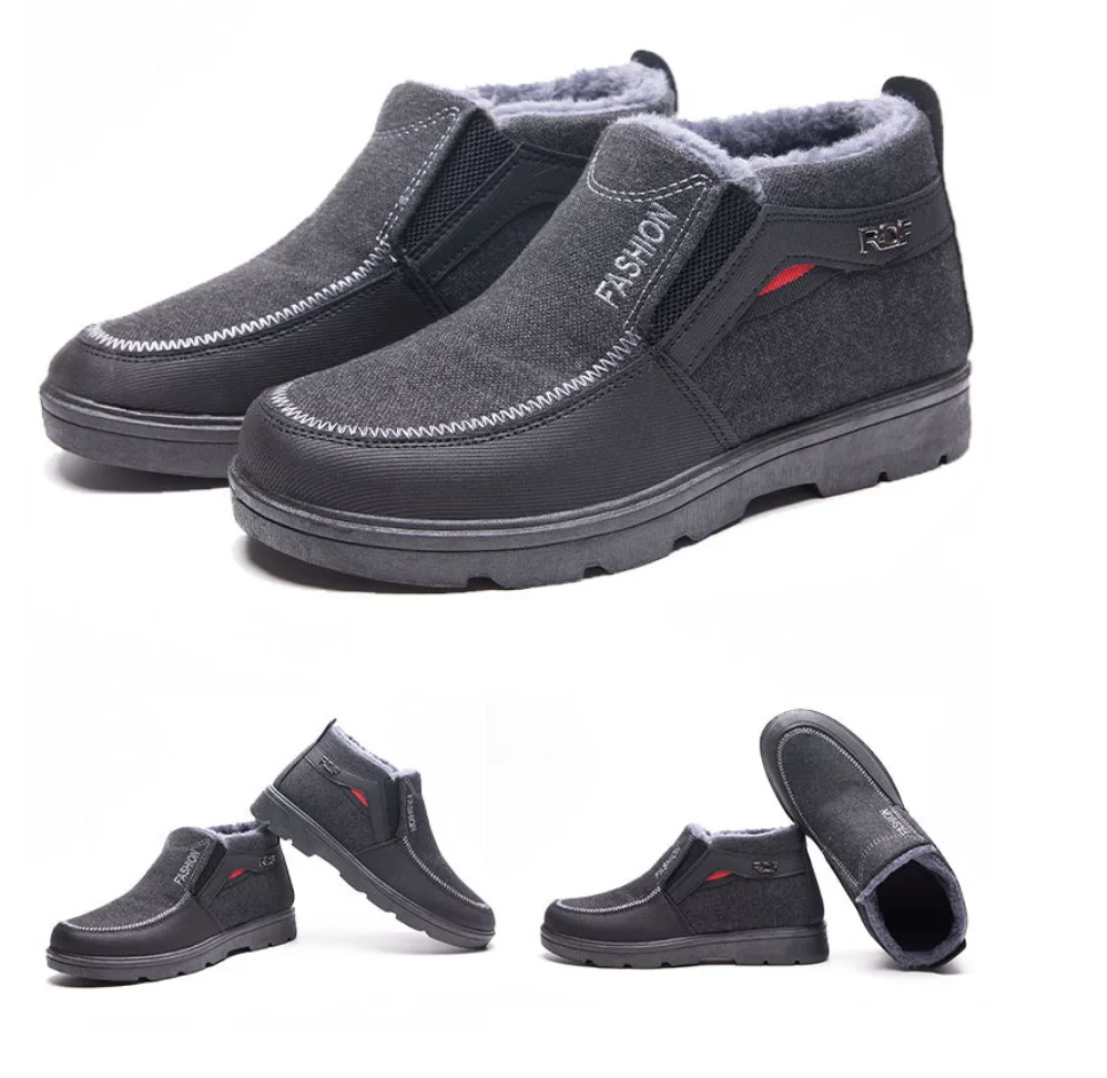 Fashion Warm Man Shoes Winter Snow Boots Faux Leather Fur Lined Shoes Elder Men Flat Ankle Plush Boots Light Cotton-padded Shoes