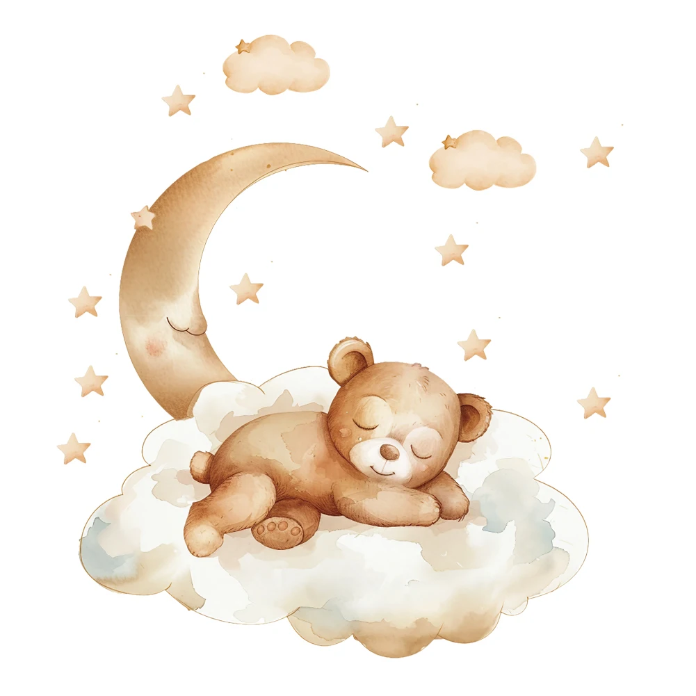 Cute Cartoon Teddy Bear Sleeping on the Moon and Stars Wall Stickers for Kids Bedroom Baby Room Decoration Wall Decals Room
