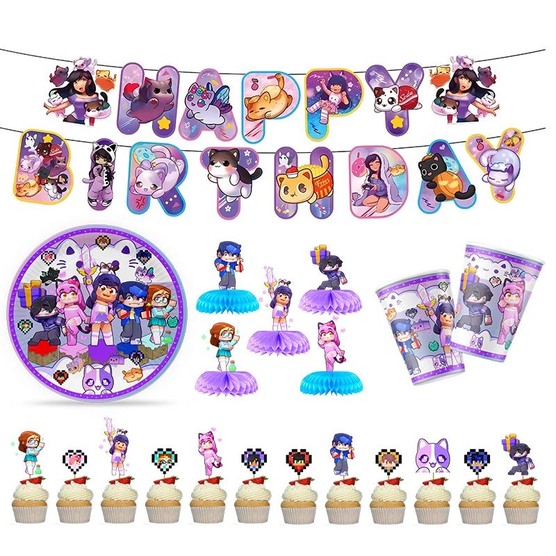 Aphmau-Décoration de ixd'Anniversaire, en Papier, Poulet, Assiette en Nid d'Abeille, Caketopper, Ballon Chiffre pour Bébé, Fournitures G