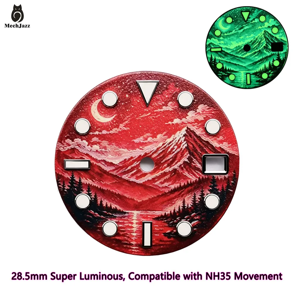 MechJazz 28.5mm Red Starry Sky Moon Mountain Pattern Watch Dial Super Luminous Dial For NH35 NH36 Automatic Watch Mod Parts