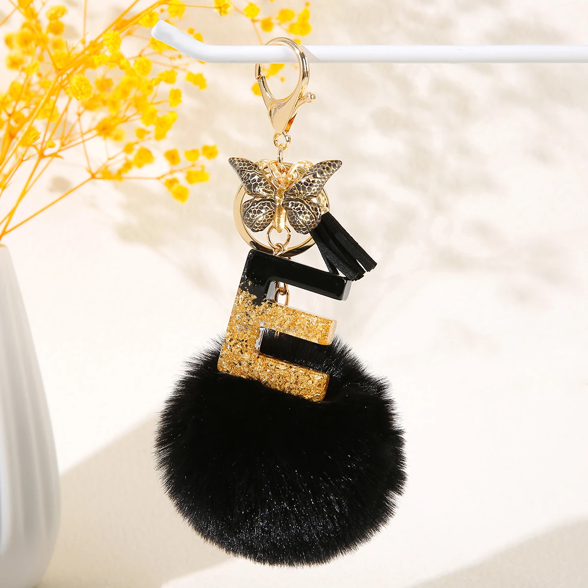 Black Adorable A-Z Alphabet Initial Letter Pom Keychain Backpack Charm Pendant - Perfect Gift for Women Gentleman Pupil view 6