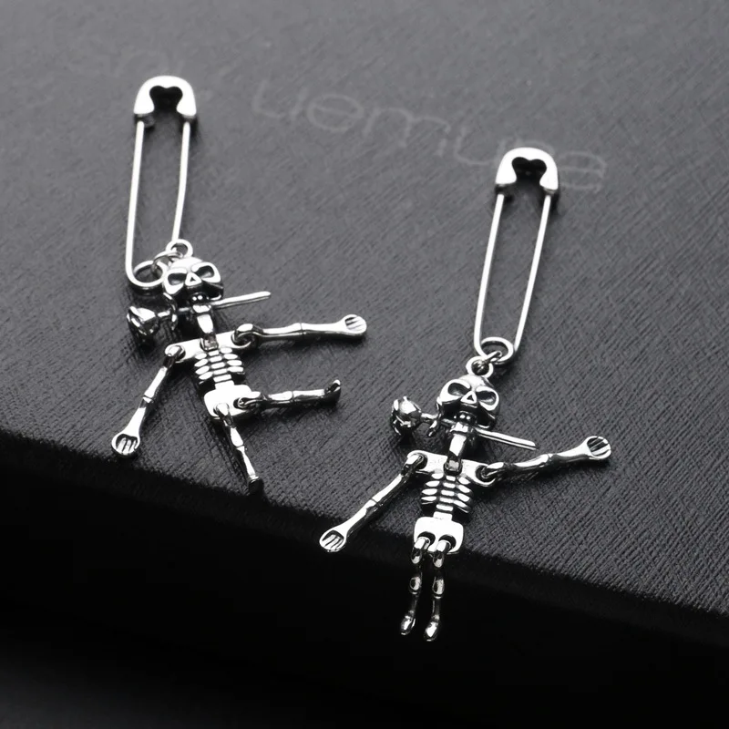 BOCAI S925 Sterling Silver Retro Personality Movable Skull Rose Pin Earring