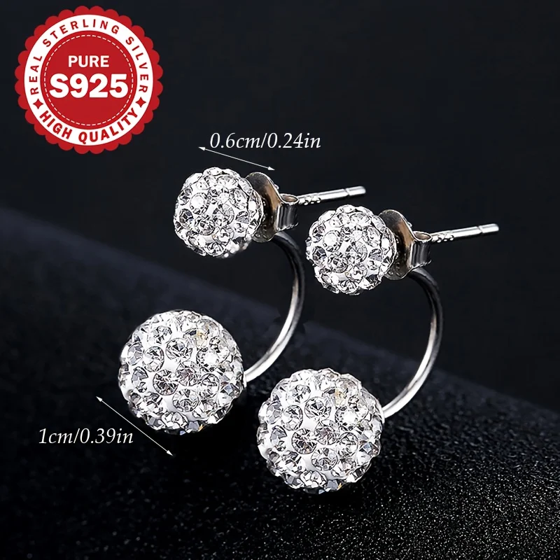 S925 Sterling Silver Ladies Earrings Shamballa Spiral Studs with Shiny Double Ball Pendants for Party And Wedding Allergy Free view 4