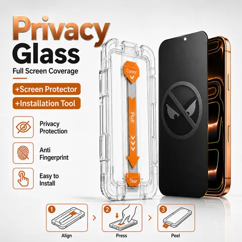 Privacy Tempered Glass Screen Protector with Dust-Free Alignment Installation Kit, Full Coverage Anti-Spy Anti-Fingerprint Shock-Resistant Easy Install Screen Film, Compatible with iPhone 17 16 15 14 13 12 Pro Max Pro Plus Air