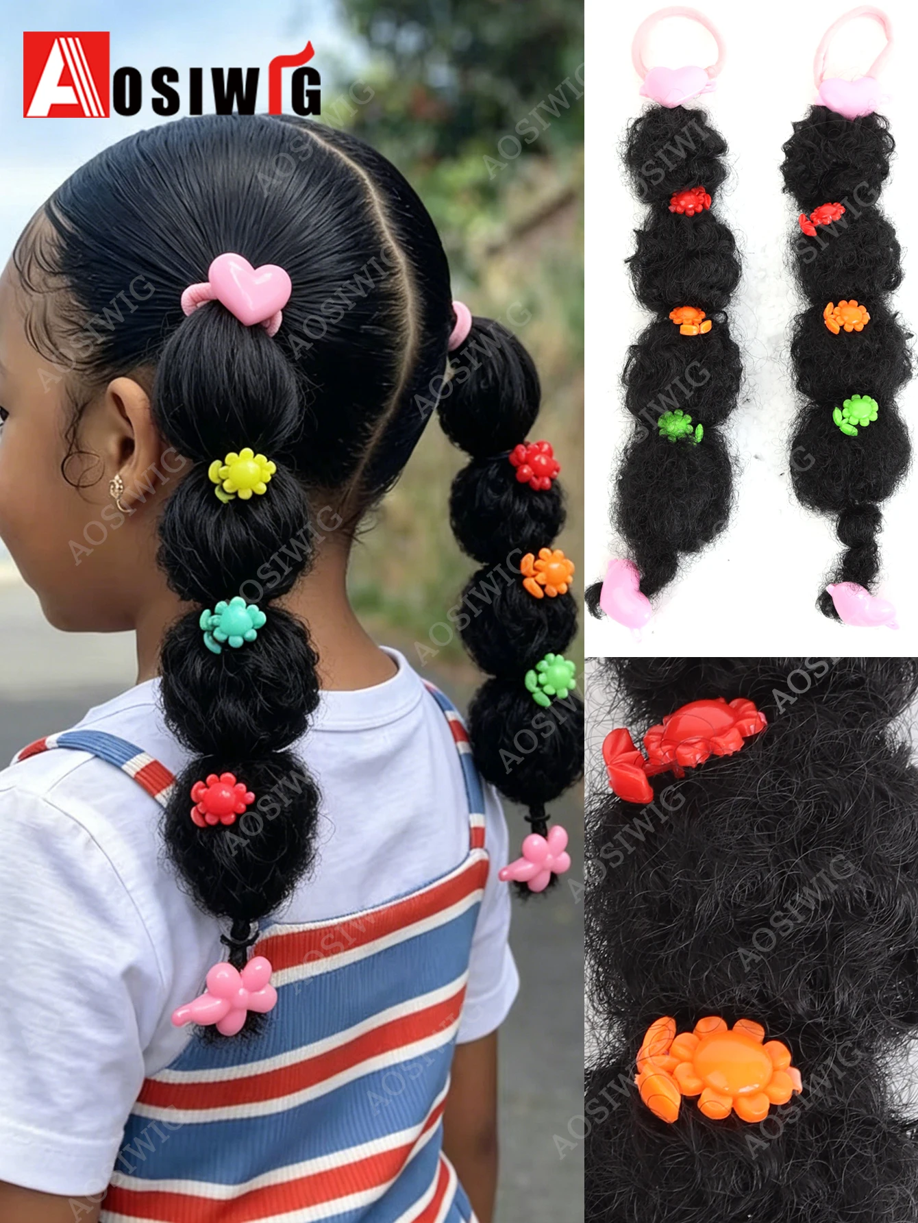 2pcs Kids Synthetic Black Bubble Puff Braid Ponytail Hair Extension With Cute Flower Accessories Wigs Hairpiece Braided Ponytail