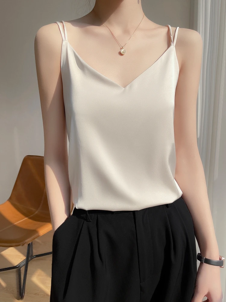

Artificial Silk Satin Summer Tank Top Thin Smooth Camis V-Neck Backless Spaghetti Straps Women Silky Cool Feminine Sleeveless