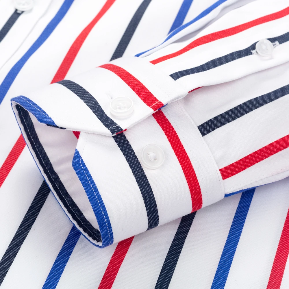 Camisa masculina de algodão puro, camisa social listrada resistente a rugas com manga comprida em bloqueio de cor para homens, camisa casual com