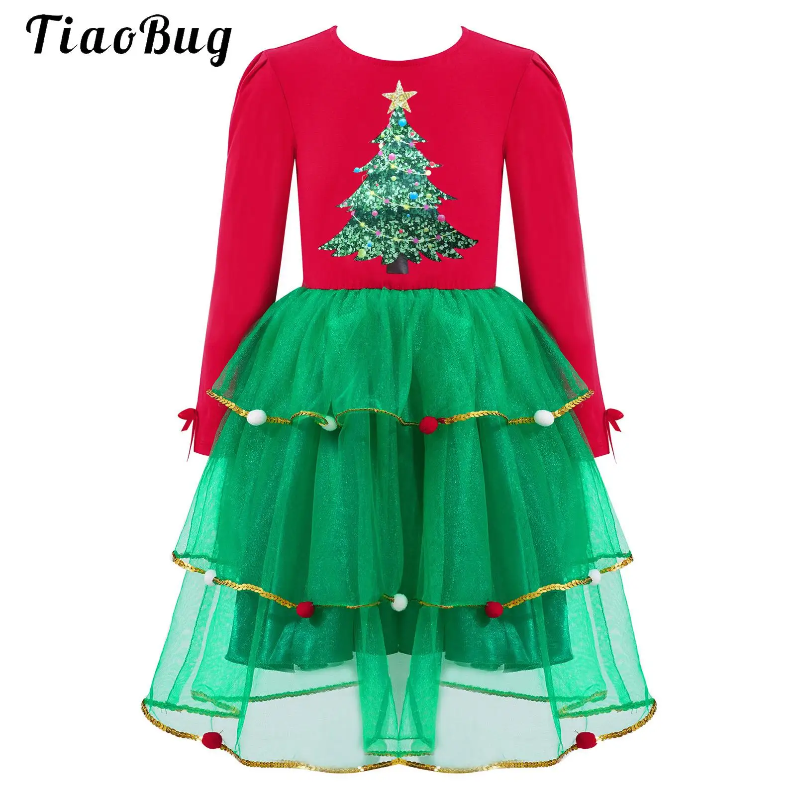 

Girls Christmas Mrs Santa Claus Costume Long Sleeve Xmas New Party Dress Princess Mesh Tulle Tutu Stage Performance Dancewear