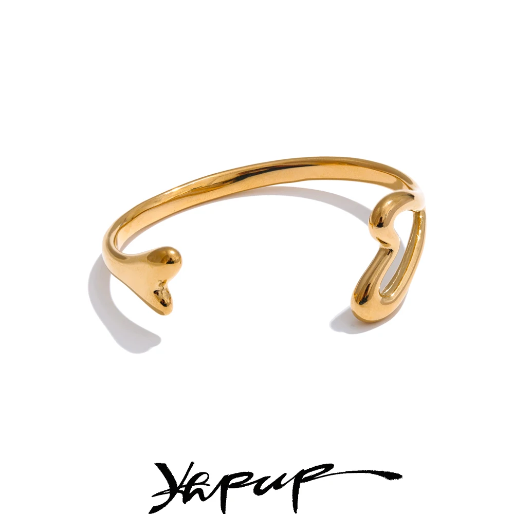 Yhpup 58mm Minimalist Stainless Steel Heart Love Open Bracelet Bangle Stain Less Metal 18K PVD Plated Attractive Jewelry New
