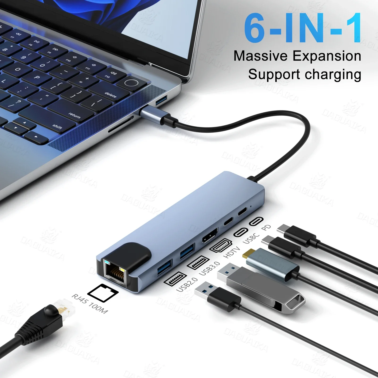 

6 in 1 USB C HUB 100M RJ45 Ethernet Adapter 4K Type C 3.1 to HDMI-Compatible SD TF Card Reader PD87W for MacBook Huawei Sumsang