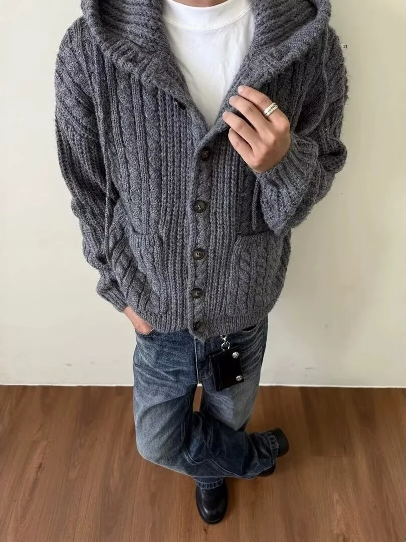 

Retro American Knitted Hoodie Cardigan Sweater Men's Loose Fit Long Sve Warm Casual Sle Autumn Winter Faion Outerwear