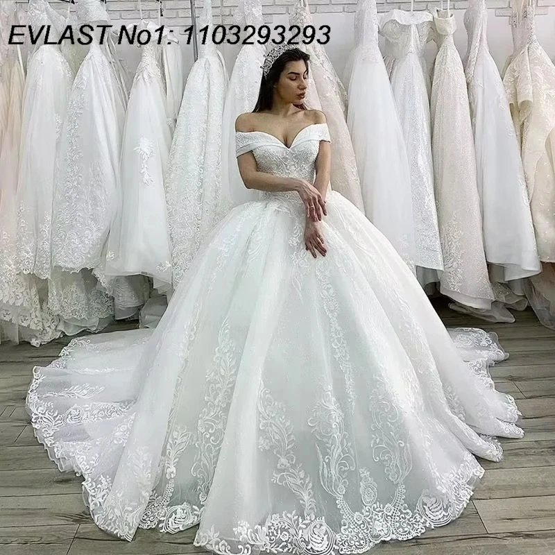 

EVLAST Customized Luxury Beaded Princess Wedding Dress Lace Appliques A Line Elegant Women Bridal Gowns Vestido de Noiva TBD33