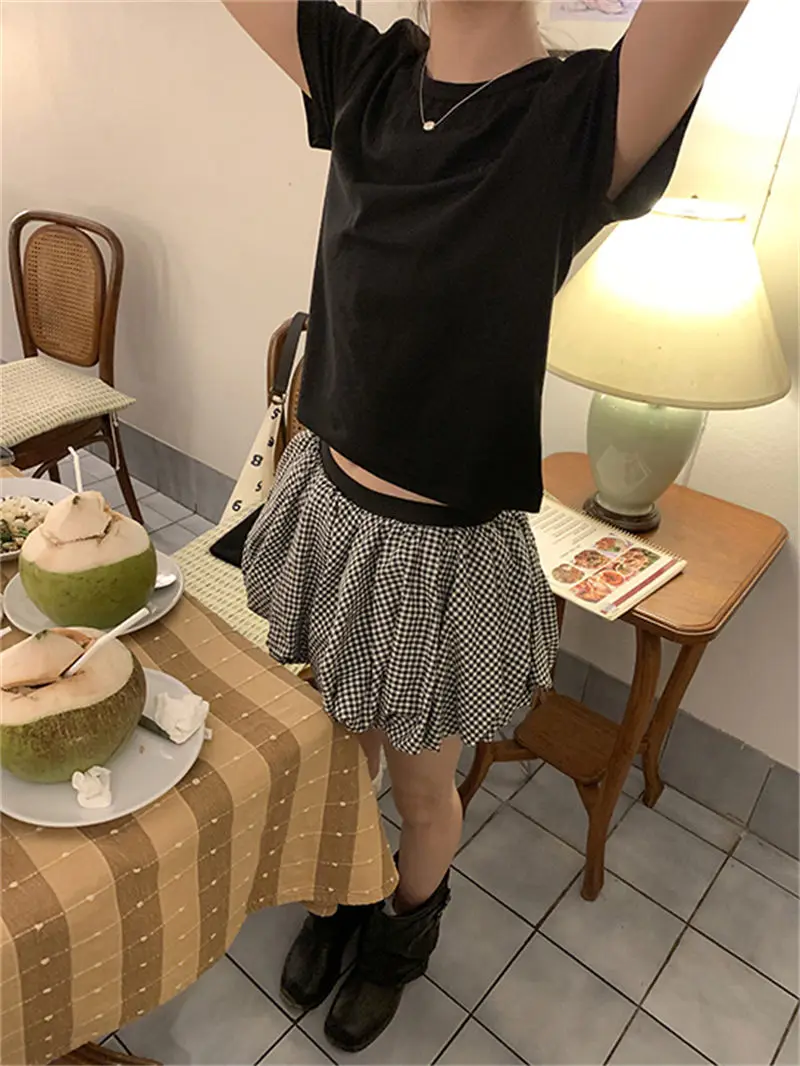 2025 Spring Summer New Retro Plaid Puffy Flower Bud Half Skirt Hot Girl High Waist Elegant A-Line Short Skirt