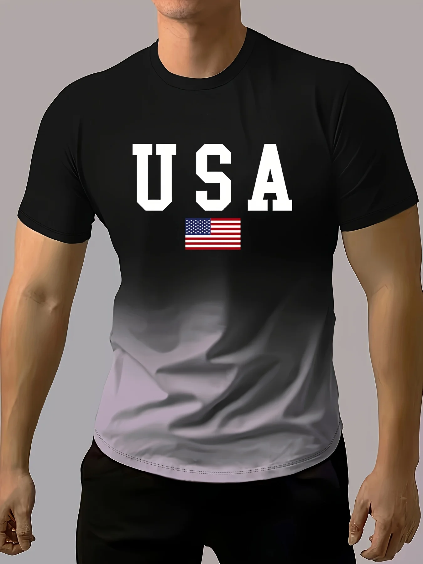 Men\'s fashion gradient American flag pattern and letter printed \