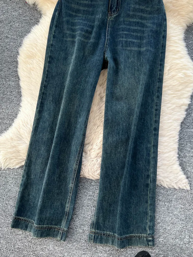 レトロウェイドデニムワイドレッグパンツ女性のハイウエストカジュアルストレートカットパンツ秋冬新作 Sle アメリカンデザイン