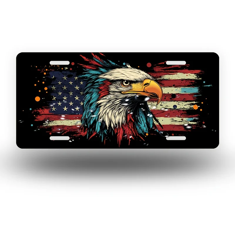 2D Flat, Colorful Exploding Eagle Head License Plate | Casing and Plaque, Fun Standard License Plate, Unisex Car Decoration