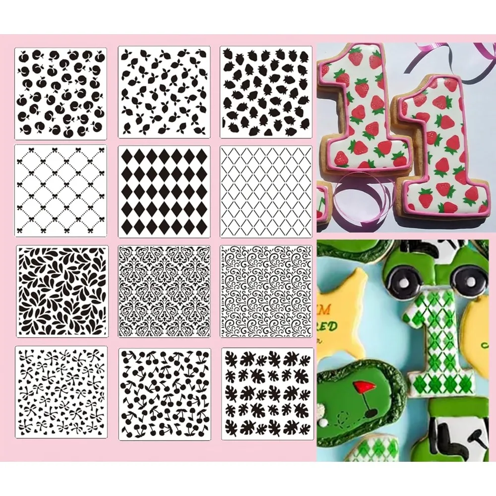 12-Pack Cookie Stencils Set Floral Fruit Geometric Reusable PET Hollow Baking Templates for DIY Cards Home Decor