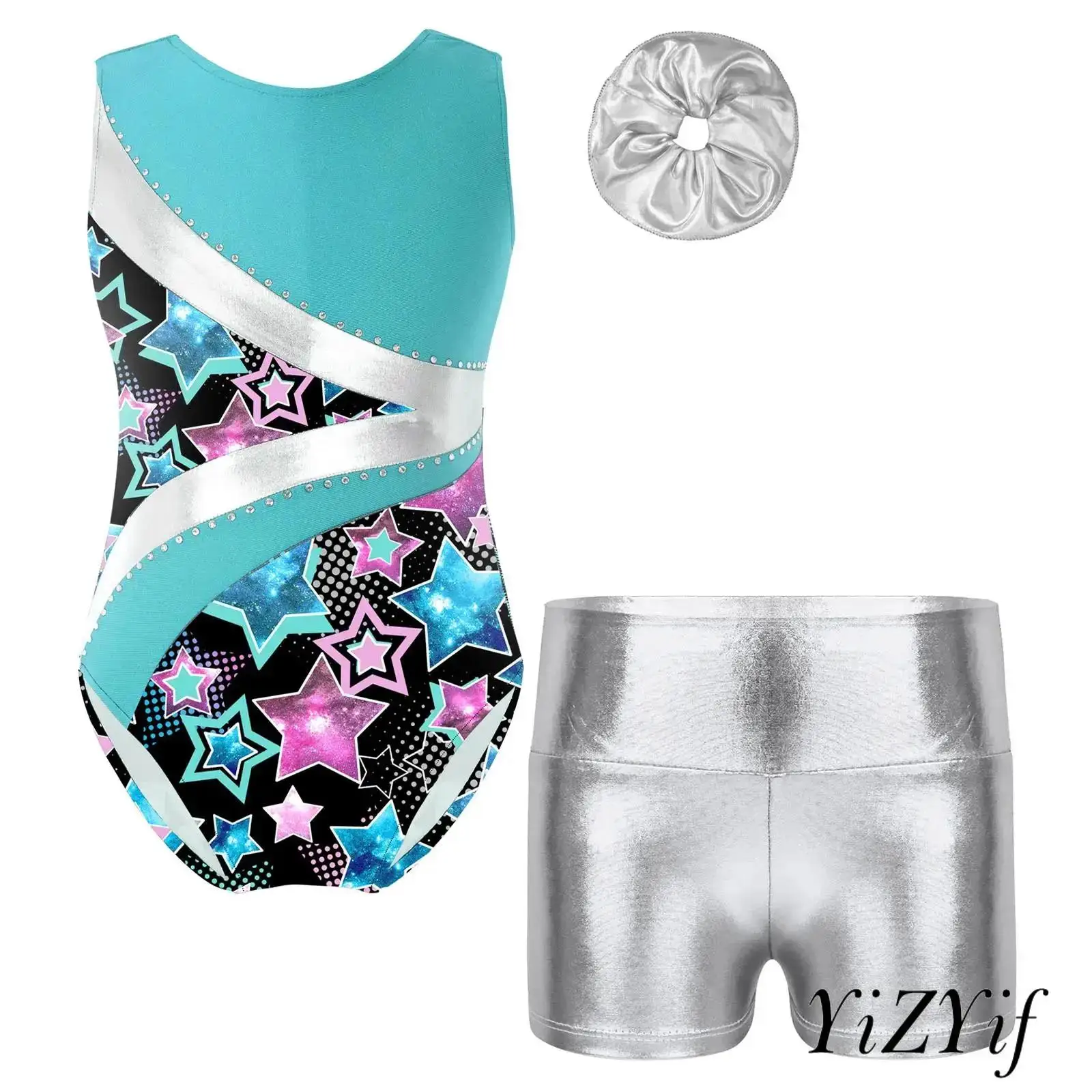 

3Pcs/Set Kids Girls Gymnastic Set Sleeveless Round Neckline Printed Leotard with Shorts and Hairband Dance Competition Clothes