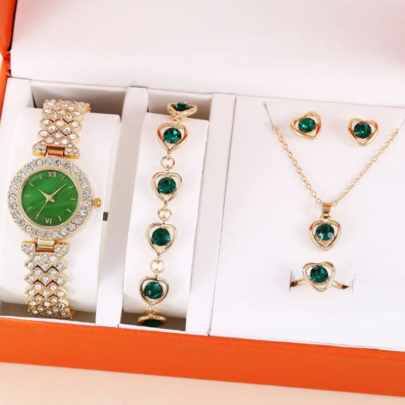 Golden Luxury Watch Women Ring Necklace Earring Rhinestone Fashion Wristwatch Casual Ladies Bracelet Watches Jewelry Set Reloj