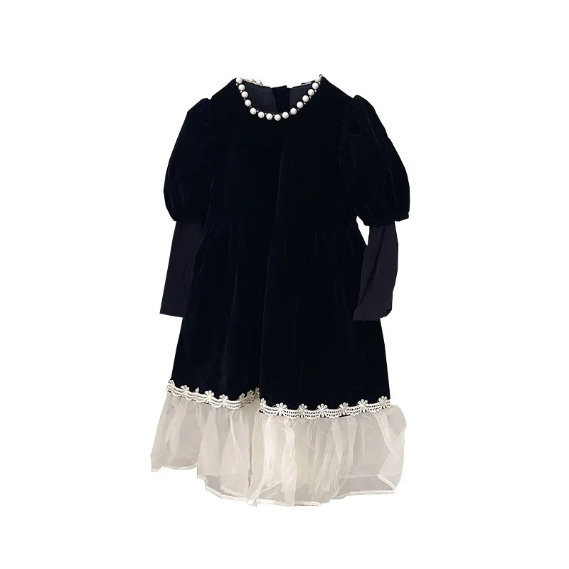 Korean children\'s clothing autumn 2023 new girl French black dress little girl gauze stitching princess skirt tide.