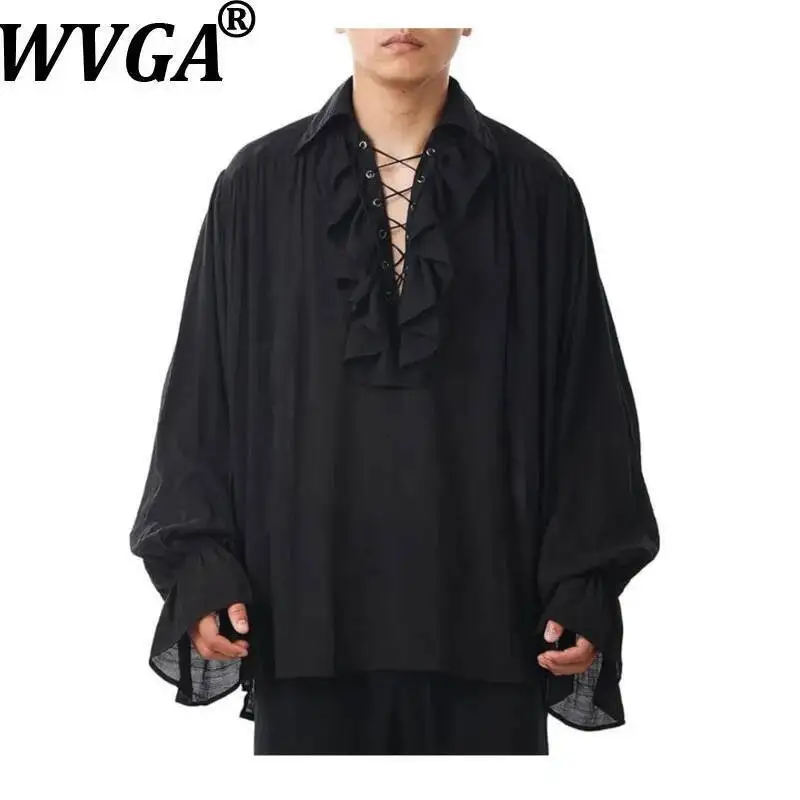 

WVGA Summer New Men's Performance Costume Lace-Up Vintage Puff Sleeved Shirts Ncihe Chic Casual Turn-Down Collar Tops Ins W23784