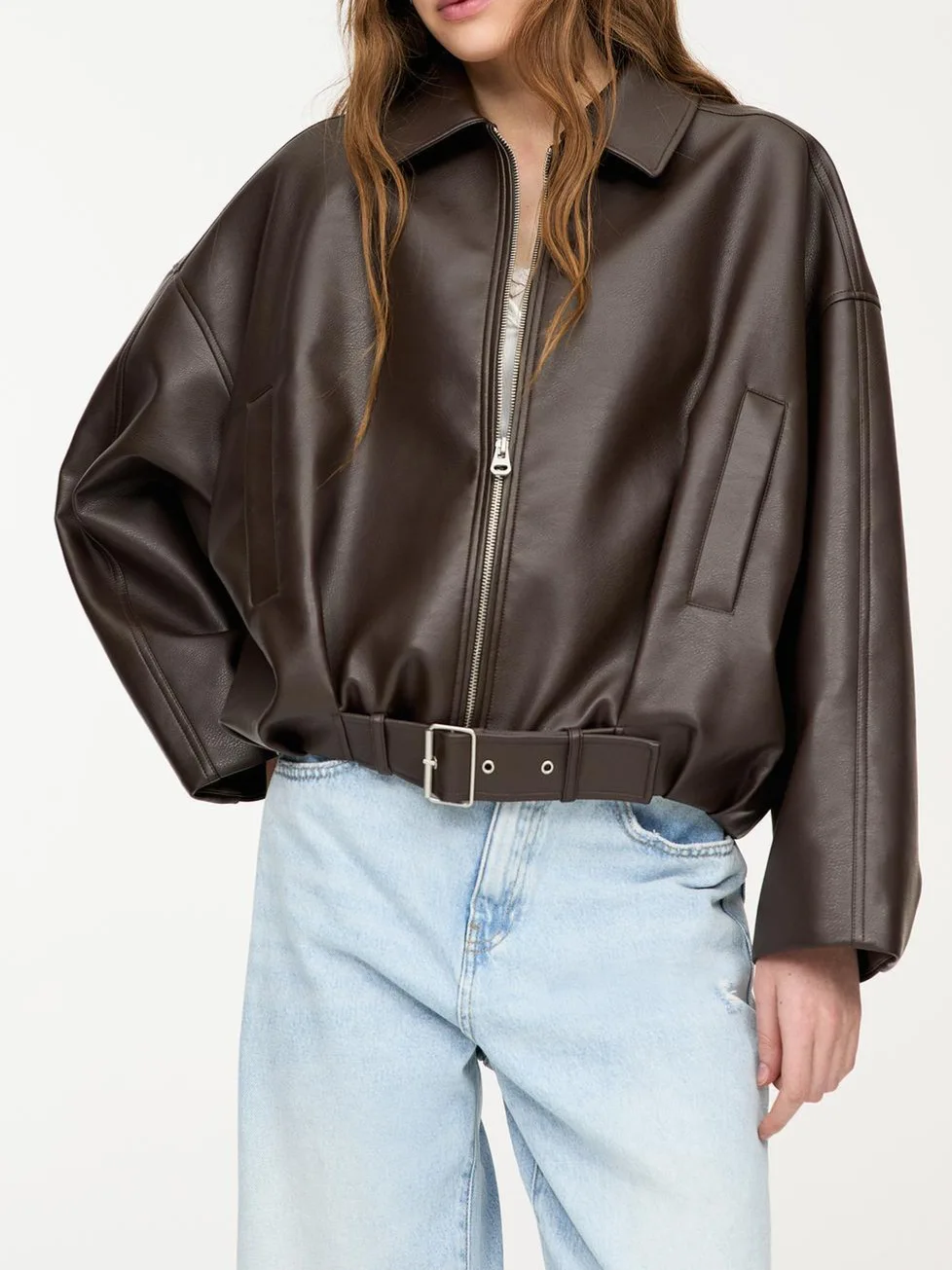 

2025 Autumn vintage long sleeve PU leather women jackets new zipper lapel pocket coat with belt women's loose streetwear
