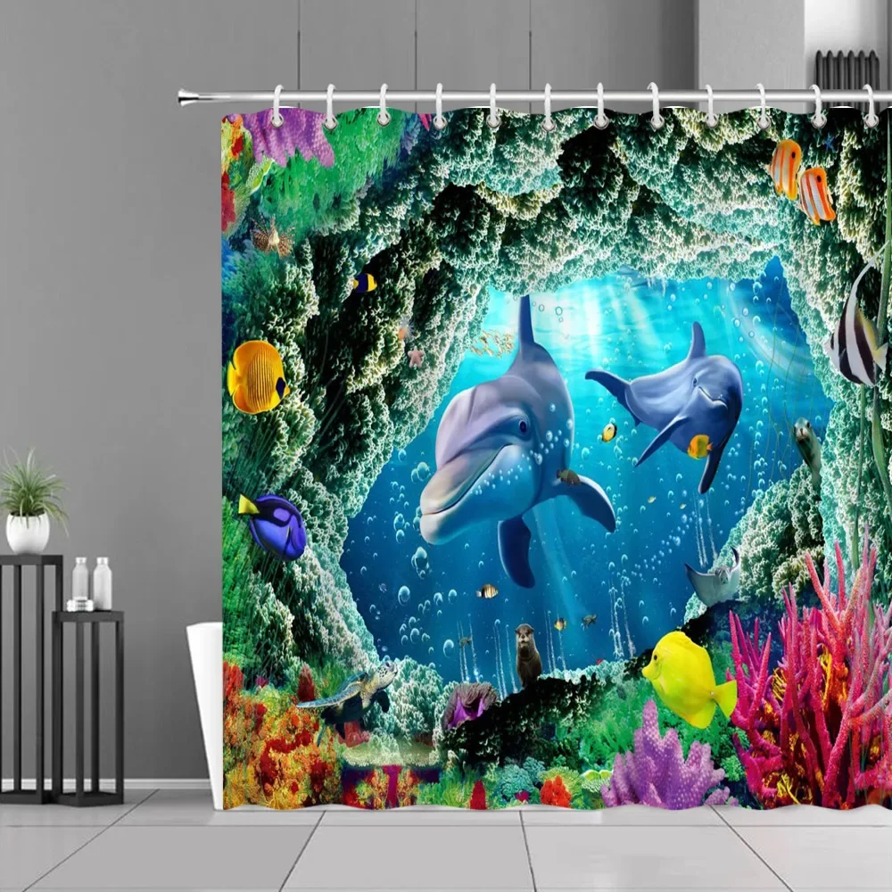 Ocean Underwater World Shower Curtain Colourful Tropical Fish Turtle Deep Sea Coral Fabric Washable Bath Curtains Bathroom Decor