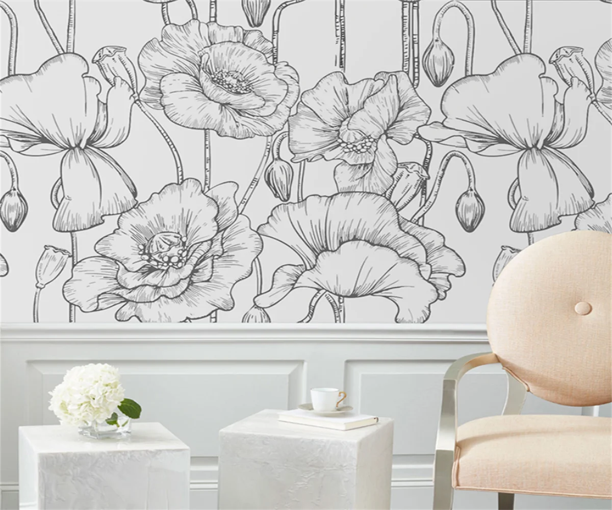 Custom art mural Simple modern hand-painted black and white line flower wallpaper Restaurant sofa decorative wallpaper