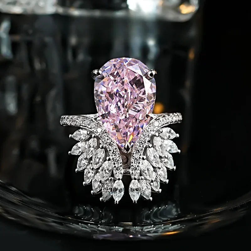 Angel's Wings Water Drop Pink Diamond 925 Silver Ring with High Carbon Diamond Set, Redion Ice Cutting Style, Versatile