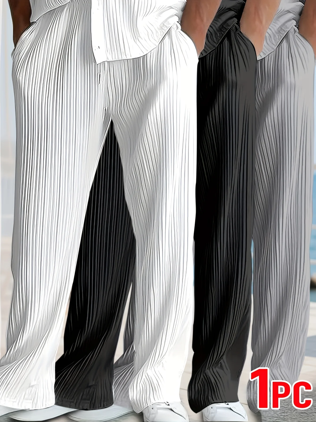

1pc Men'S Summer Casual Pants with Drawstring & Pockets Textured Fabric Breathable Regular Fit for Home Leisure Sleek Pants