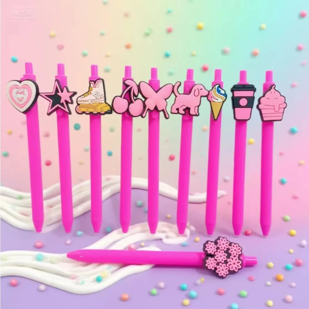 

10PCS Barbie Pink Collection Patch Ballpoint Pen Featuring PVC Soft Rubber Patch Gel Pen High Appearance Signature Writing Tool